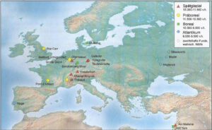 Eine Karte vom eurasischen Raum mit den wichtigsten Fundorten von früh gezähmten Wölfen und Haushunden