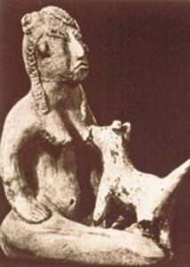 Olmekische Ton-Skulptur einer Frau, die einen jungen Hund an der Brust nährt, Tlatilco (Mexiko), ca. 1.300-800 v. Chr.