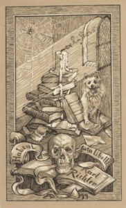 Abbildung von 1899: Ein Spitz sitzt auf verstaubten Büchern mit einer Spinne und einer verloschenen Kerze im Hintergrund - vorn ein Schädel auf einem aufgeklappten buch