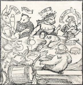 Eine lateinisch beschriftete frühe und seltene Ausgabe der Schrift über Trunksucht und übermäßigen Alkoholgenuss von 1516 zeigt verschiedene Tiere um einen Tisch sitzend, die dem Alkohol zusprechen