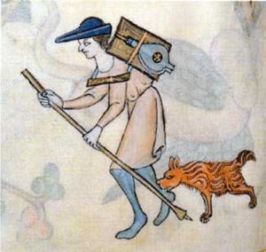 Eine weitere Abbildung aus dem Luttrell-Psalter von einem Wachhund, der einen flüchtenden Dieb ins Bein beißt.