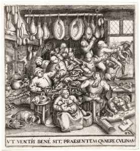 Ein lateinisch beschrifteter Druck von 1596 zeigt etliche Menschen und Hunde, die sich in einem Raum voller Würste, Schinken und vieler weiterer Lebensmittel der Völlerei hingeben.