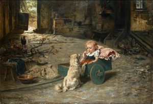 Ein Spitz sitzt vor einem Kind im Kinderwagen - Gemälde "Spielkameraden" von Ernst Hildebrand