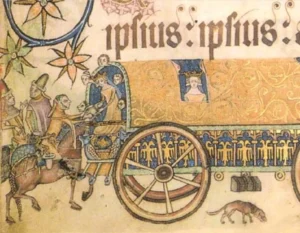 Bediensteter reicht adliger Dame in der Kutsche einen kleinen Schoßhund, unter der Kutsche ein weiterer kleiner Hund,Luttrell Psalter, British Library, Add. Ms. 42130, fol. 181v