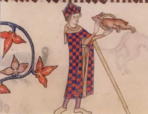 Ein als Bischof verkleideter Gaukler, lässt einen kleinen Hund durch einen Reifen springen, Quelle: Luttrell Psalter,um 1330-1340,Add. Ms. 42130, fol. 84r