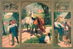 Aussehen des ursprünglichen Gesamtbildes der Rollkarte, Maler: Hey, Paul (1867 - 1952) Jahr unbekannt: Hans im Glück