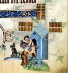 Wachhund, der eine Mühle bewacht. Quelle: Luttrell-Psalter. London, British Library, Add. Ms. 42130, fol. 158. England um 1330-1340