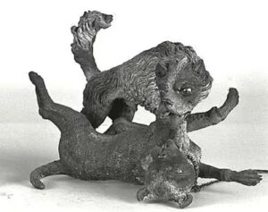 Sich raufende Spitze (2. Hälfte des 18. Jh.)
Zwei raufende Hunde (Bulldogge und Spitz, an Metallkette), Neapel, Bayerisches Nationalmuseum