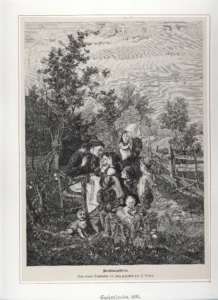 Die Märchenerzählerin - Zeitungsillustration nach einem Ölgemälde von Emil Franz Adam. Die Illustration stammt aus der Zeitschrift "Die Gartenlaube" aus dem Jahr 1882.