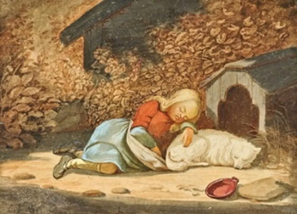 Boettcher, Christian Eduard (1818 - 1889), 1860 - 1869, Schlafendes Mädchen und schlafender Hund vor Hundehütte