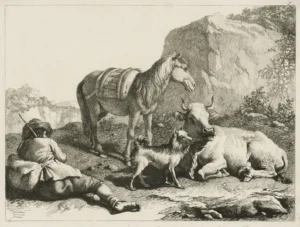 Londonio, Francesco (1723-1783) 1763 Ein ruhender Schäfer mit Pferd, Ochse und Hund