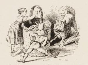 Richter, Adrian Ludwig (1803 - 1884) 1848 Nussknacker verteidigt Zuckerpüppchen gegen den Spitz – Illustration zu ,,Die schwarze Tante''