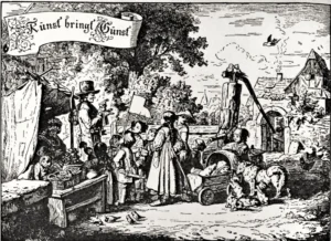Richter, Adrian Ludwig (1803 - 1884) 1855 Puppenspieler - ,,Kunst bringt Gunst'', Abdruck 1857