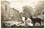 Wagenbauer, Max Josef (1775 - 1829) 1806 Dogge, Spitz und Hirtenhund, Schweine am Trog vor einem Bauernhof