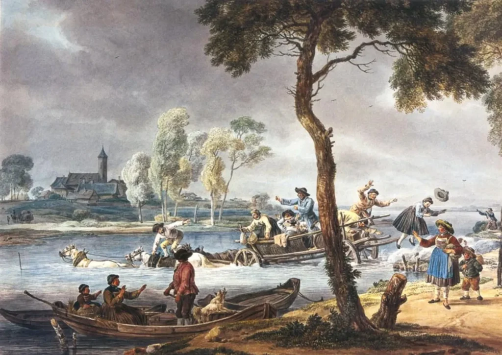 von Kobell, Wilhelm (1766 - 1853) 1794-96 Die verfehlte Furt (Aquarell, Staatliche Graphische Sammlung, München